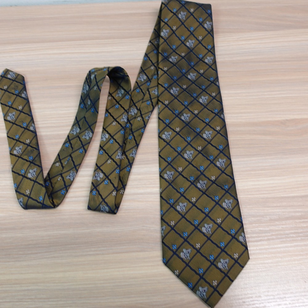 Koala Green Neck Tie Mens Olive Grid Lattice Florette Bear JOHN LOIS Australia - Picture 2 of 12